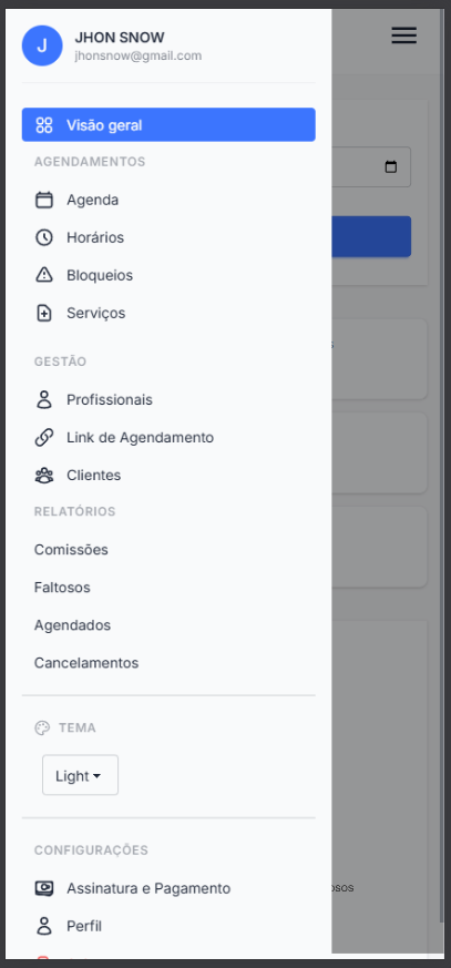Menu lateral com todas as áreas do sistema
